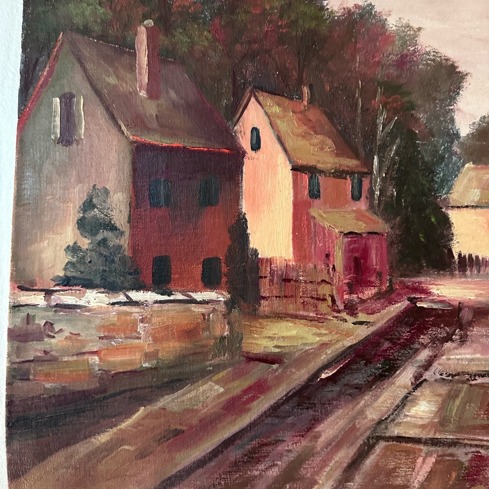 Charming Village Landscape Painting 14 x 18 back of painting in fair condition - Picture 4 of 5